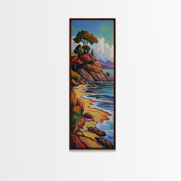 Autumn Lighthouse, Coast, Beach Sunset Landscape Framed Canvas Print, Coastal Wall Decor, Fall Living Room Art, Vibrant Nature Artwork