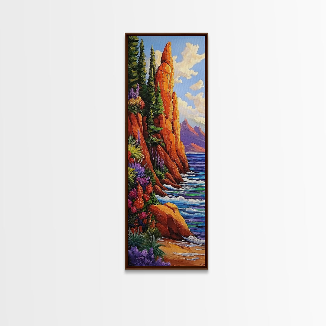Rocky Shore, Wildflowers, Nature Trail, Framed Canvas Print, autumn coastal wall art, mountain and sea landscape, rustic home decor