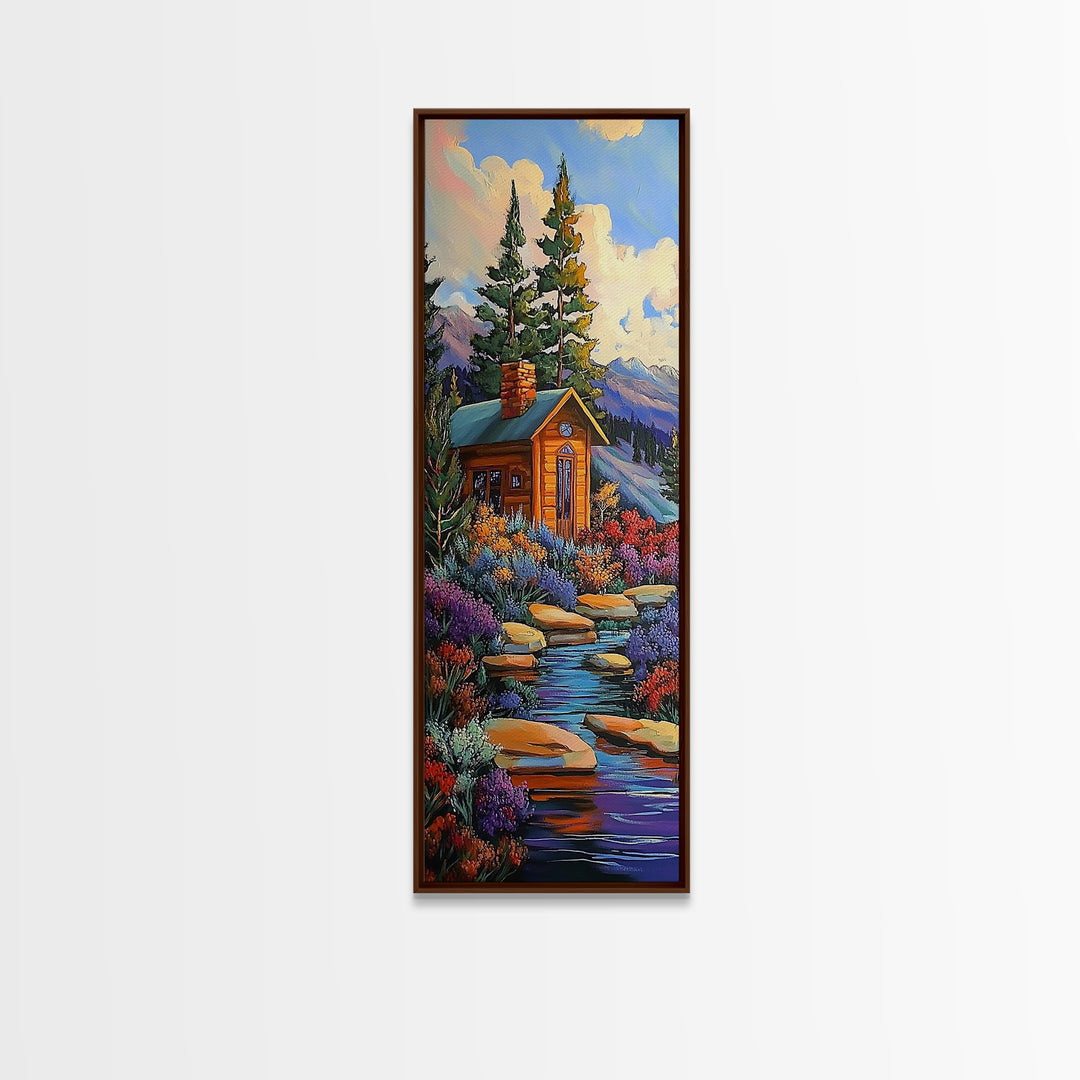 Mountain Cabin, Forest Path, Autumn Escape, Framed Canvas Print, cozy fall cabin wall art, rustic lodge decor, nature inspired artwork