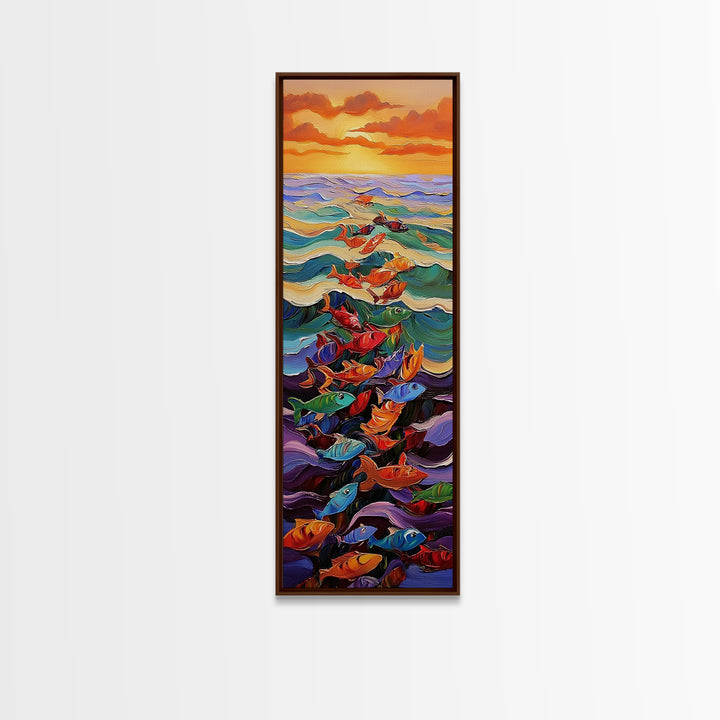 Ocean Journey, Colorful Fish, Sunrise Waves, Framed Canvas Print, vibrant coastal fish painting, kids room or nautical beach house art