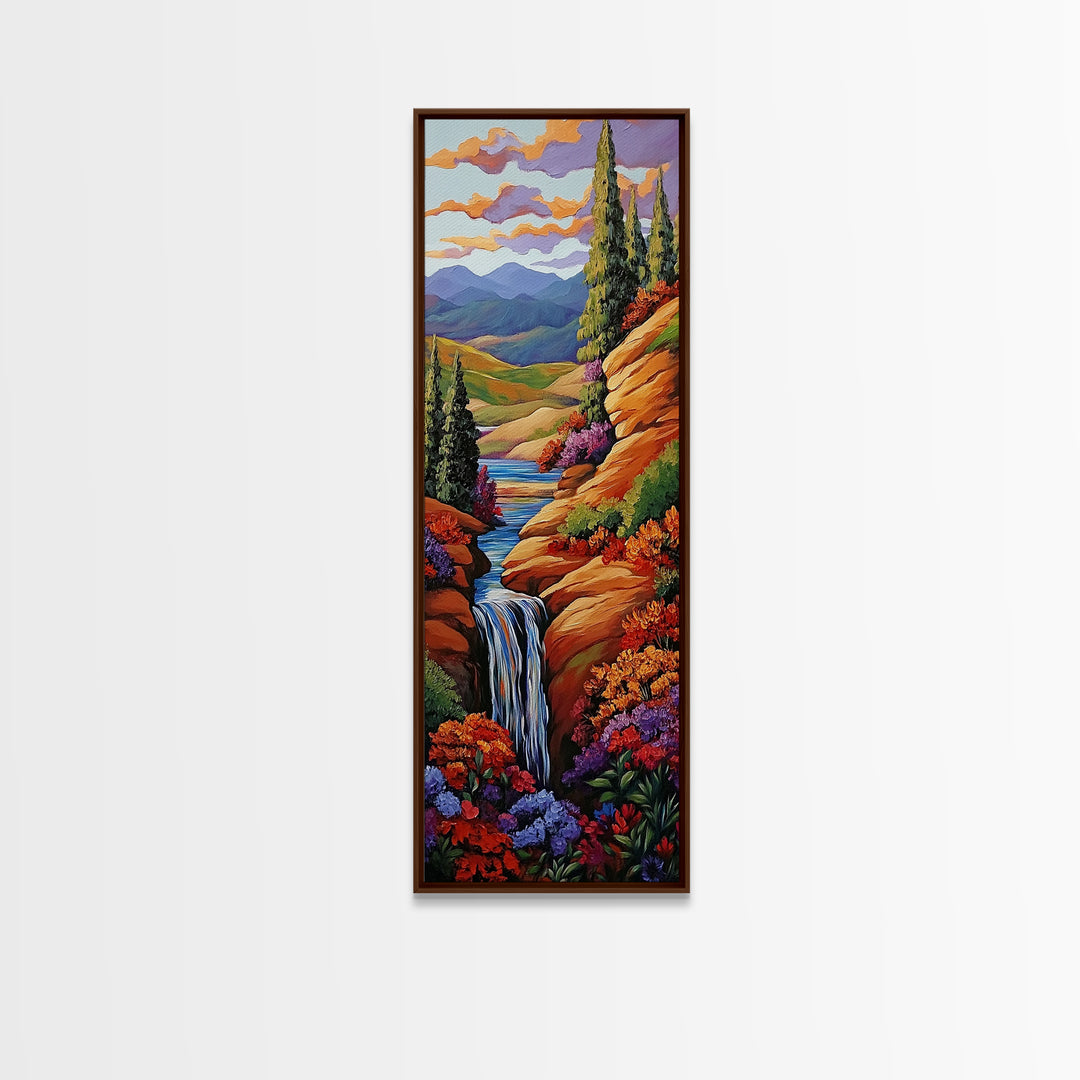 Autumn Waterfall, Flowers, Pathway, Framed Canvas Print, fall waterfall art, floral canyon decor, rustic landscape, living room wall art