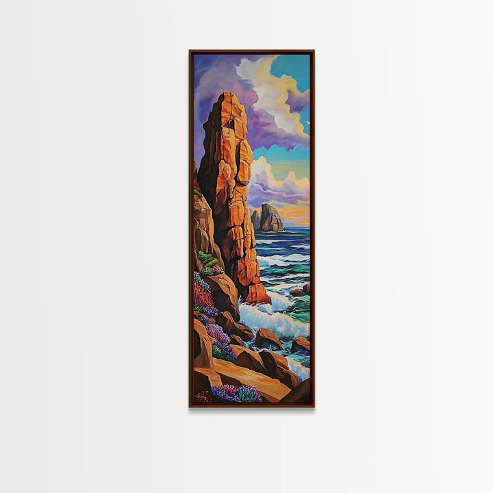 Coastal Cliffs, Ocean, Sunset, Framed Canvas Print, Bold coastal cliffs wall art, dramatic seascape beach decor, contemporary ocean painting