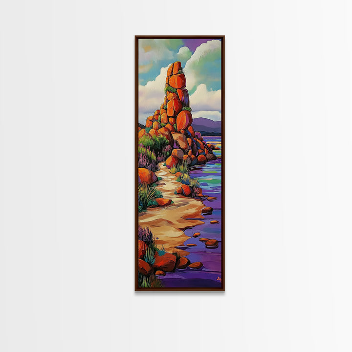 Desert Trail, Rocks, Nature, Framed Canvas Print, Desert path painting, wild rocky trail artwork, hallway decor, southwestern rustic style