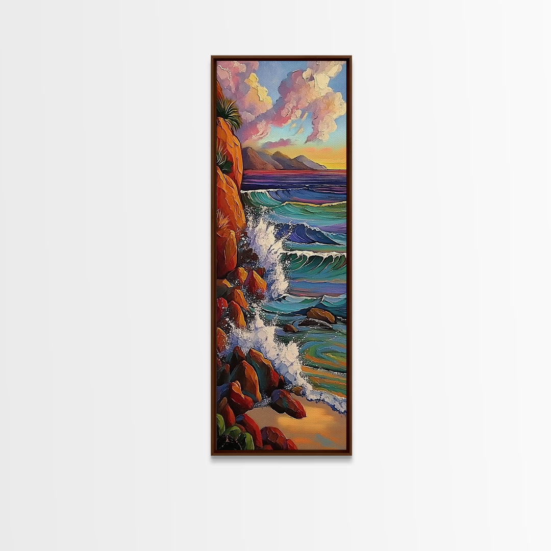 Ocean Cliffs, Sunset, Trees, Framed Canvas Print, Ocean cliffs wall art, glowing sunset scene, romantic coastal decor, entryway accent