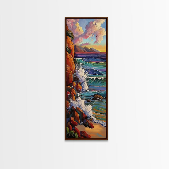 Ocean Cliffs, Sunset, Trees, Framed Canvas Print, Ocean cliffs wall art, glowing sunset scene, romantic coastal decor, entryway accent