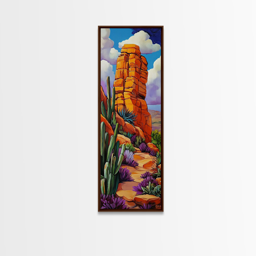 Desert Rock, Cactus, Trail – Canvas Print desert landscape art, boho western decor, rustic cactus painting, hallway wall decor, earthy tones