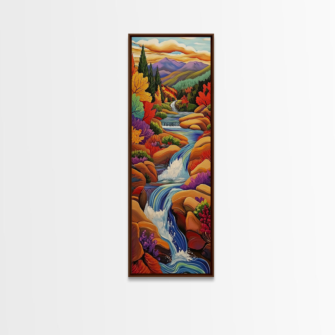 Autumn Waterfall, Mountain, River — Canvas Print of fall mountain river scene, great for Rustic Cabin Decor or Autumn Living Room Wall Art