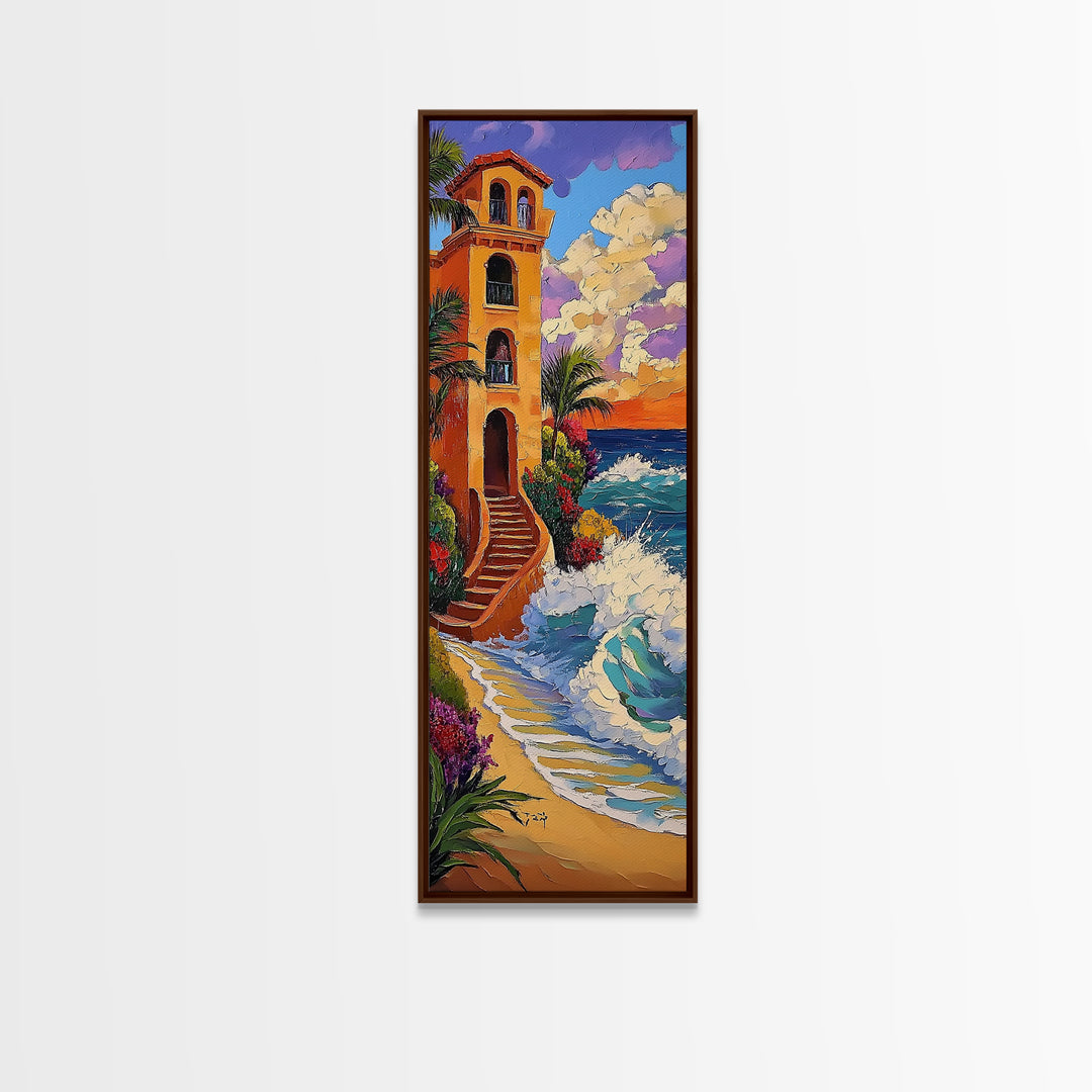 Coastal Villa, Sunset, Ocean Waves Framed Canvas Print, Mediterranean Style Wall Art, Colorful Beach Home Decor, Seaside Painting