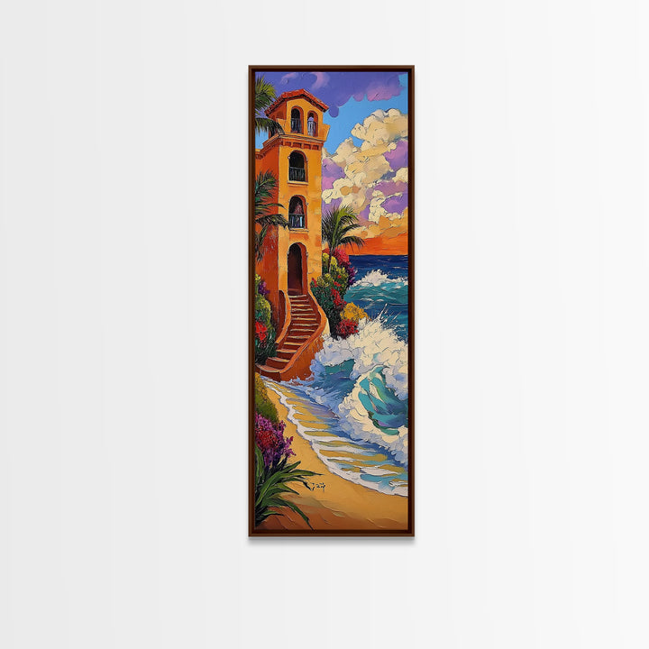 Coastal Villa, Sunset, Ocean Waves Framed Canvas Print, Mediterranean Style Wall Art, Colorful Beach Home Decor, Seaside Painting