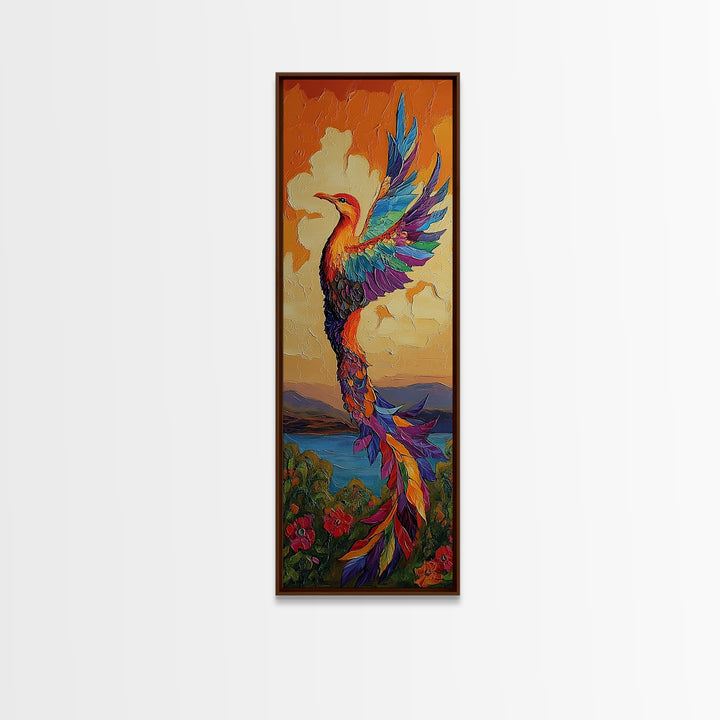 Phoenix Firebird, Sunset, Framed Canvas Print, Vibrant Mythical Wall Art, Boho Spirit Animal Decor, Bold Bedroom Statement Piece