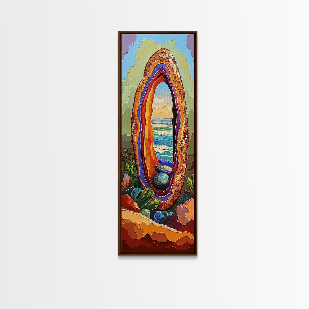 Ocean Portal, Geode Shell, Dreamy, Surreal Beach Art, Framed Canvas Print, Boho Bedroom Decor, Psychedelic Coastal Wall Art