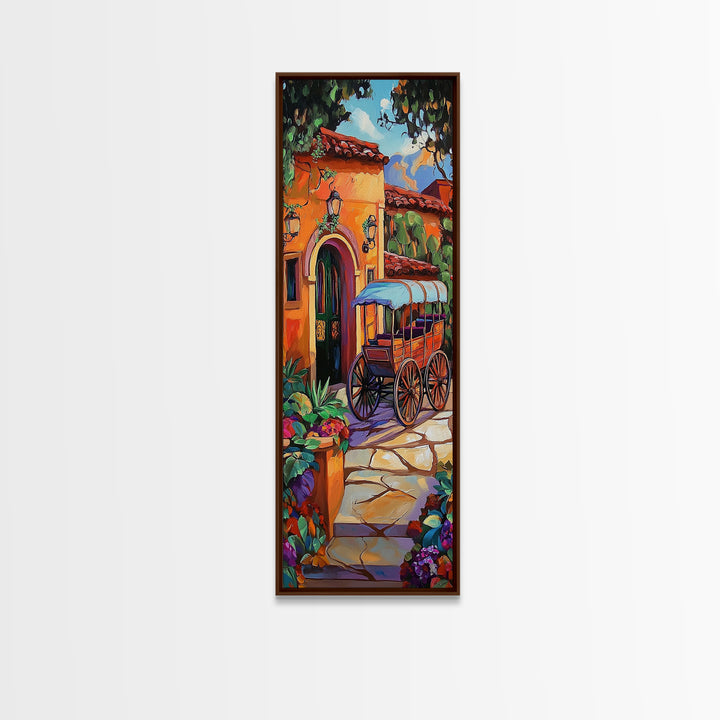 Cart Villa, Garden, Framed Canvas Print, Vibrant Mexican courtyard with wooden cart painting, hacienda decor, hallway rustic wall art