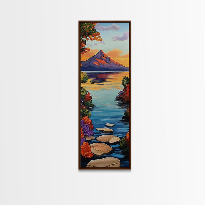 Pathway Lake, Mountains, Framed Canvas Print, Tranquil mountain lake trail painting with floral path, cabin wall art, rustic living room decor