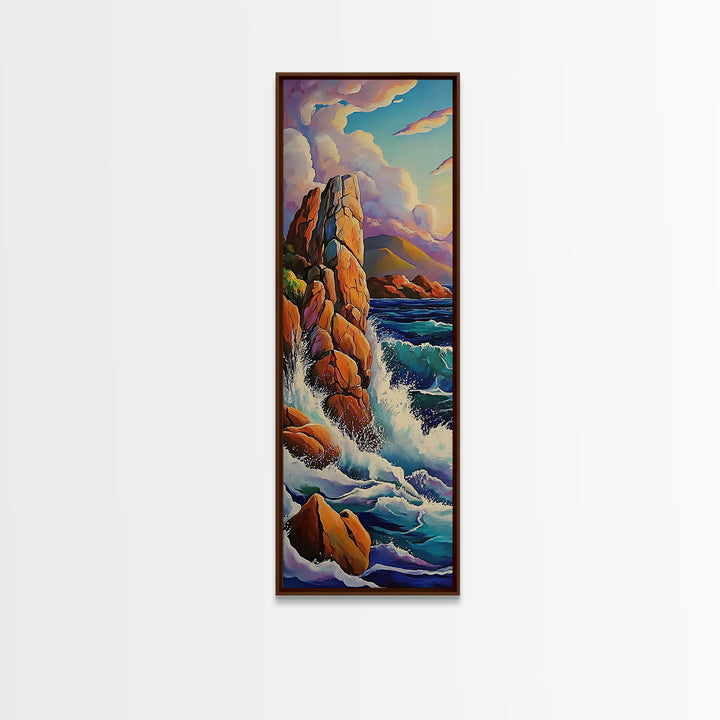 Ocean Rocks, Cliffs, Framed Canvas Print, Dramatic rocky shoreline painting with crashing waves, coastal landscape art, living room decor