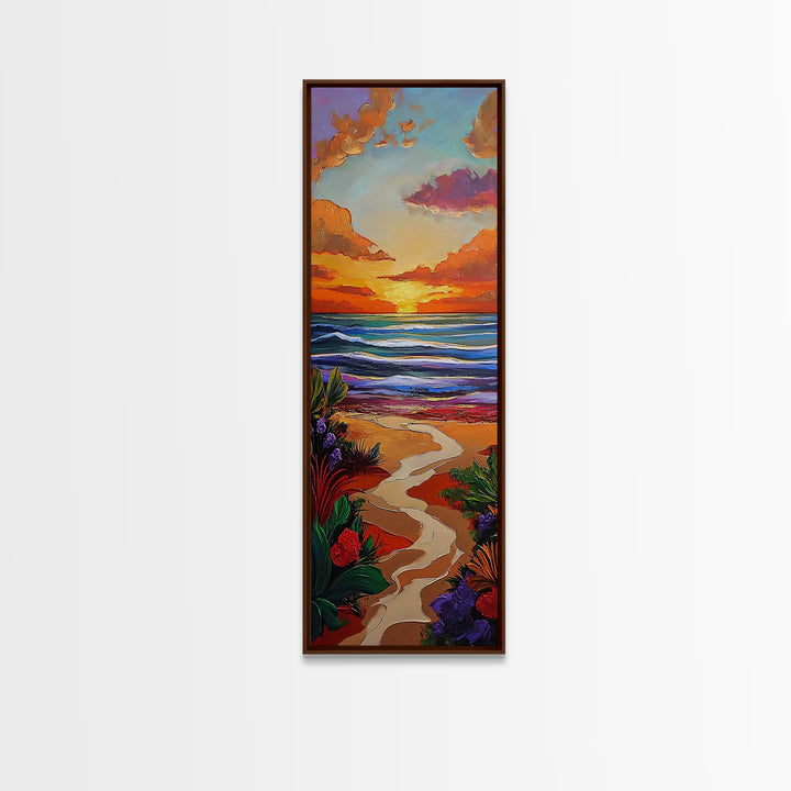 Path Beach, Sunset, Tropical Canvas Print scenic path to ocean wall decor, vibrant beach sunset artwork, tropical boho art, entryway art