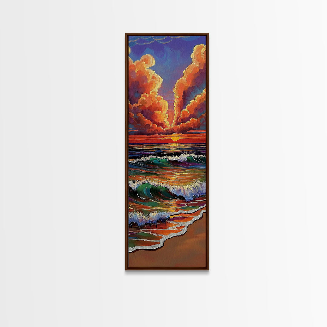 Ocean Sunset, Glow, Waves Framed Canvas Print glowing beach sunset wall art, vivid wave painting, warm coastal decor, boho beach house art