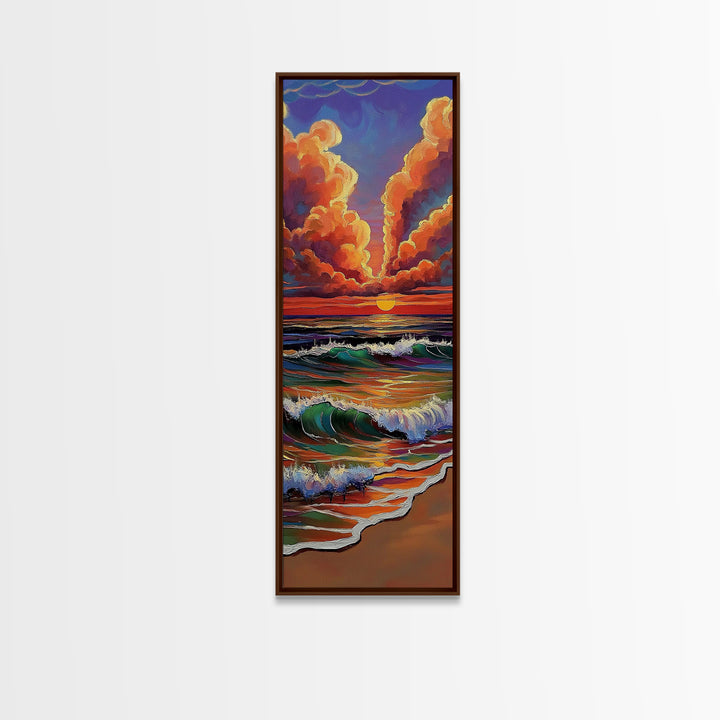 Ocean Sunset, Glow, Waves Framed Canvas Print glowing beach sunset wall art, vivid wave painting, warm coastal decor, boho beach house art