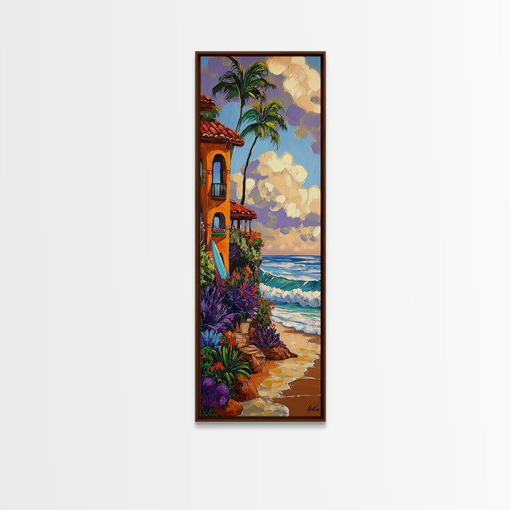 Coastal Villa, Surf, Tropics Canvas Print Mediterranean villa by the sea art, surfboard and tropical plants, boho beach decor, hallway print