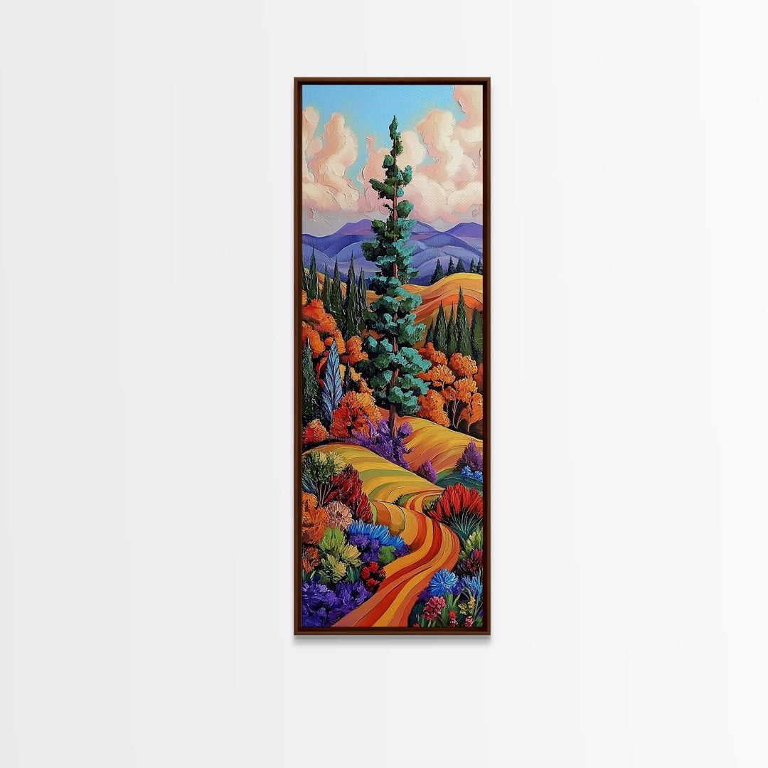 Autumn Pathway, Fields Vibrant — Framed Canvas Print, fall landscape painting, rustic farmhouse decor, countryside path wall art, living room