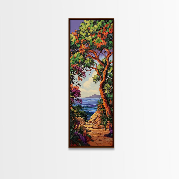 Coastal Trail,Trees,Escape — Framed Canvas Print, tropical coastal decor, beachside nature wall art, entryway or hallway boho painting