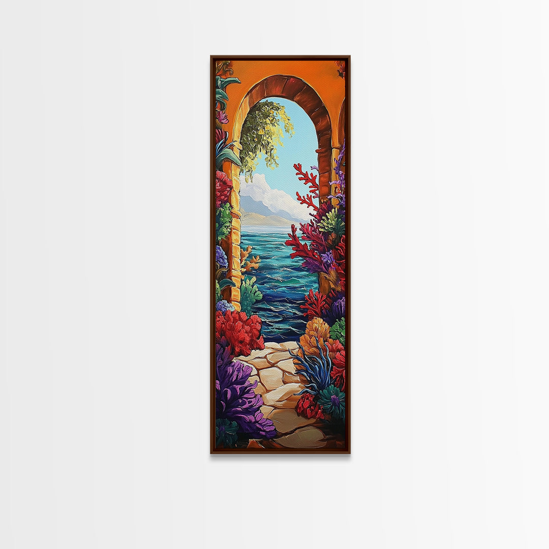 Ocean View, Archway Art, Tropical Seascape, Framed Canvas Print, Coastal Home Decor, Mediterranean Entryway Art, Bright Nautical Art