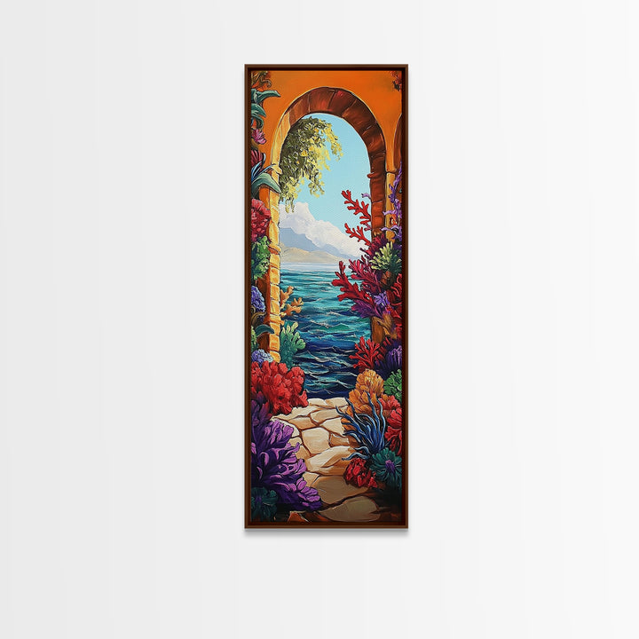 Ocean View, Archway Art, Tropical Seascape, Framed Canvas Print, Coastal Home Decor, Mediterranean Entryway Art, Bright Nautical Art