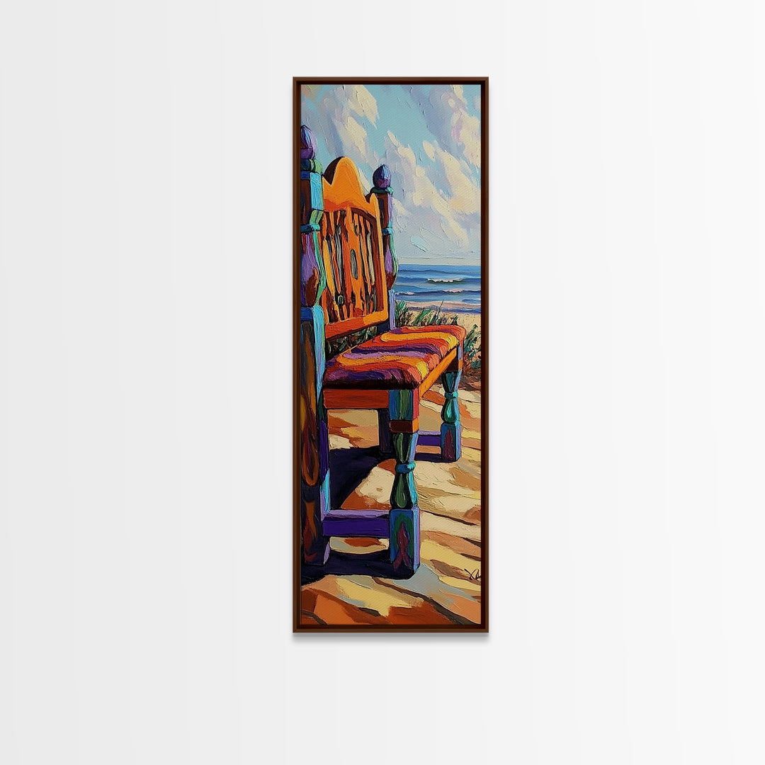 Ocean Chair, Beach View, Coastal Outdoor Scene, Framed Canvas Print, Seaside Patio Art, Tropical Boho Decor, Relaxing Vacation Vibes