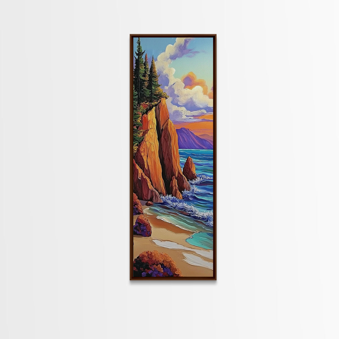 Rocky Coast, Ocean Cliffs, Sunset Mountain Seascape, Framed Canvas Print, Nature Landscape Wall Art, Fall Living Room Wilderness Decor