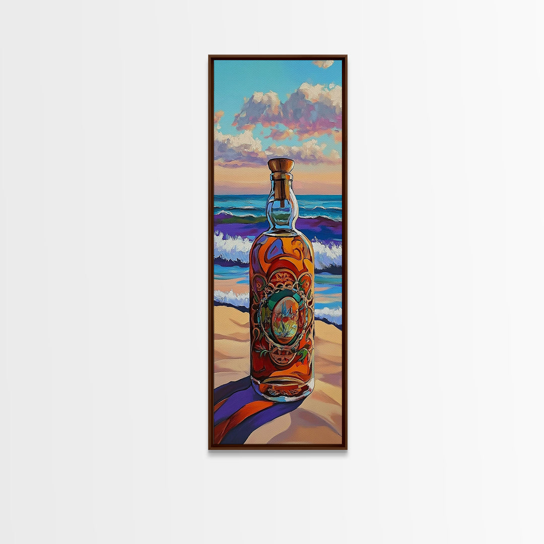 Ocean Bottle, Seaside, Reflections, Framed Canvas Print, Coastal Kitchen Decor, Nautical Wall Art, Beach House Art, Surreal Coastal Painting