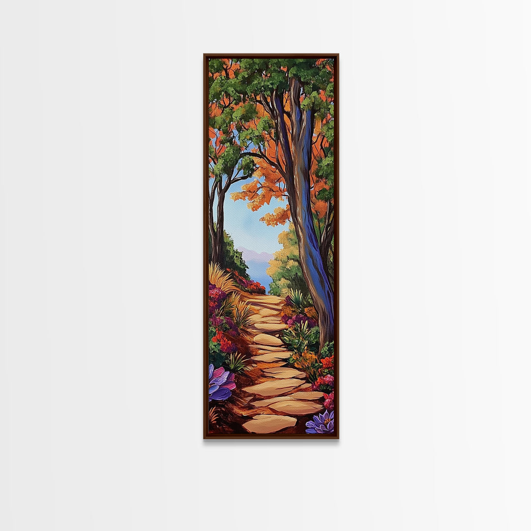 Autumn Pathway, Forest, Nature — Framed Canvas Print of scenic forest path with fall trees, cozy rustic living room wall decor, woodland art