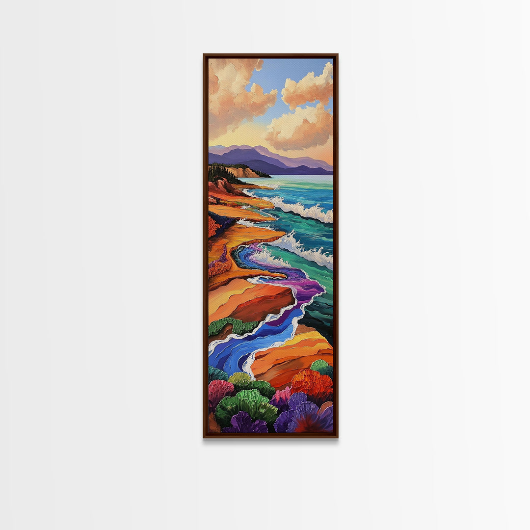 Coastal Waves, Flowers Landscape, Framed Canvas Print, Coastal wall art, beach landscape decor, boho style, bathroom or hallway art