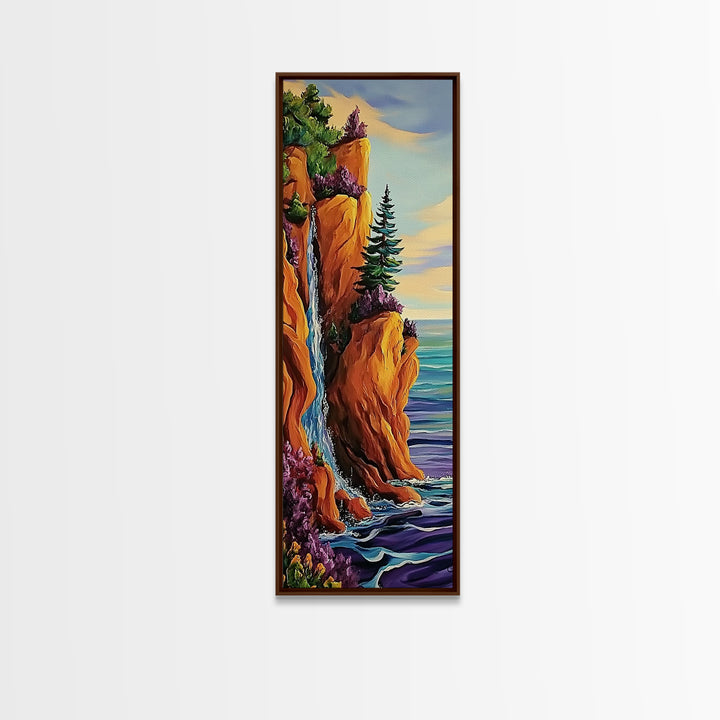 Coastal Cliffside, Waterfall, Pines - Framed Canvas Print, vibrant coastal landscape art, boho nature painting, hallway or office wall art
