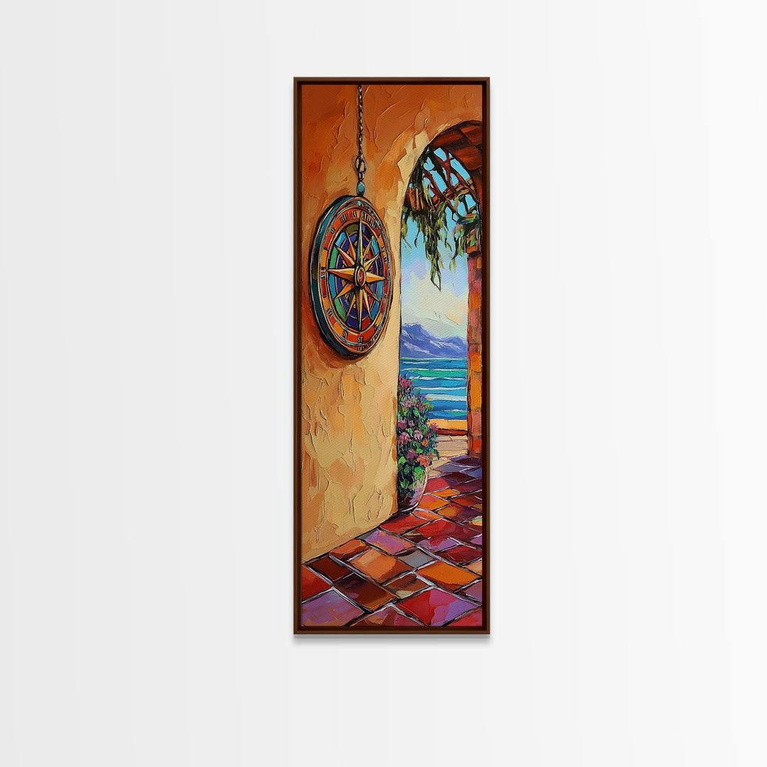 Coastal Compass, Archway View, Framed Canvas Print, Mediterranean boho home decor, nautical hallway wall art, vibrant beach escape