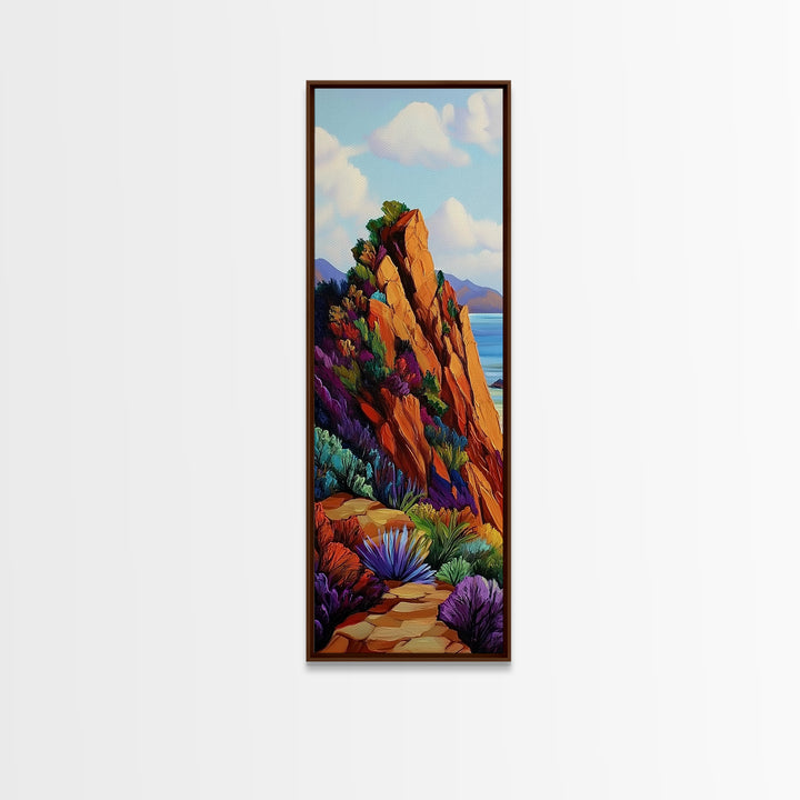 Cliff Trail, Seaside, Vista, Framed Canvas Print, nature hiking trail painting, boho wall decor, mountain sea view artwork, living room print