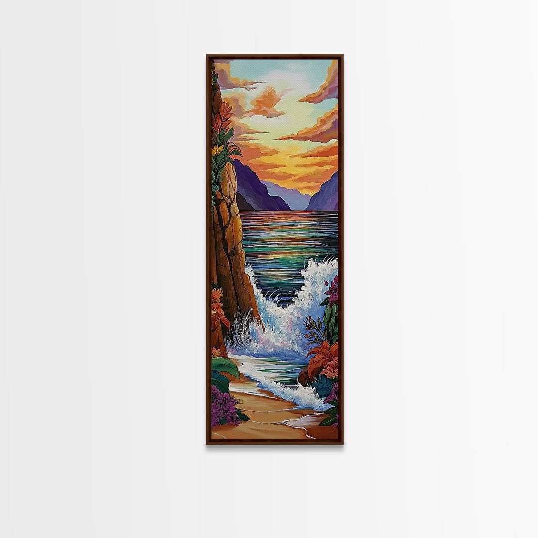 Coastal Sunset Waves Garden, Framed Canvas Print, Ocean beach sunset painting, floral wall decor, coastal fall home art, bohemian vibe