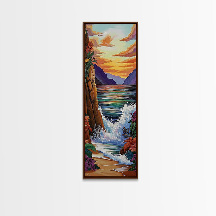 Coastal Sunset Waves Garden, Framed Canvas Print, Ocean beach sunset painting, floral wall decor, coastal fall home art, bohemian vibe