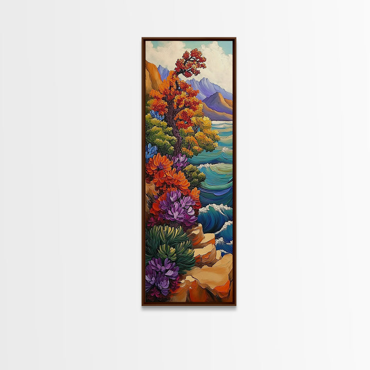 Autumn Cliff, Blossoms Ocean, Framed Canvas Print, fall coastal landscape art, mountainside floral decor, nature living room wall print