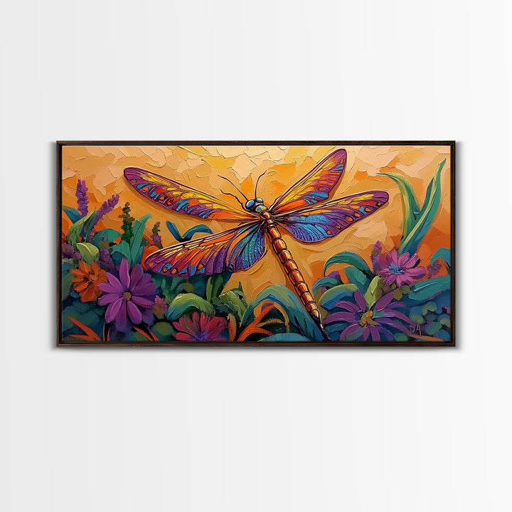Dragonfly Garden, Sunset, Colorful Nature Canvas Print, Vibrant Insect Wall Decor, Boho Art Bedroom Accent, Summer Style