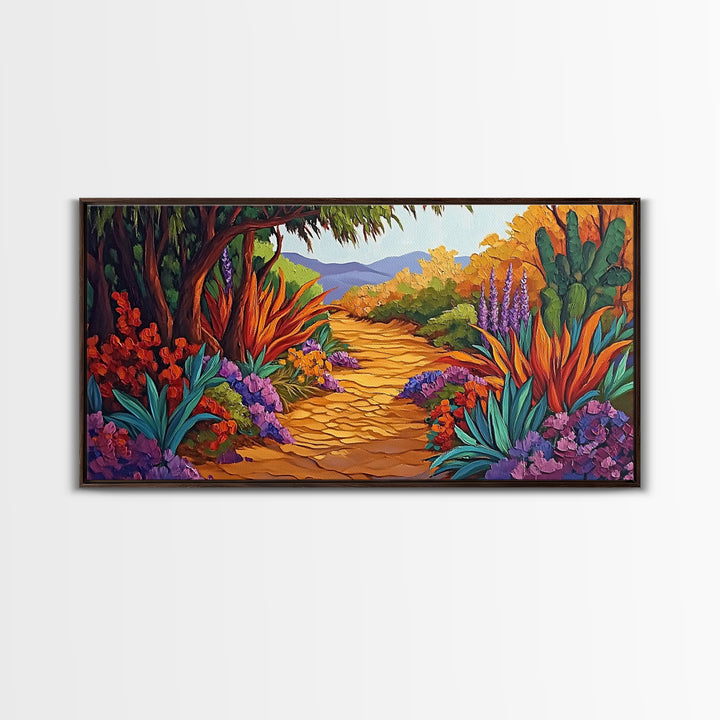 Autumn Pathway, Forest, Flowers, Framed Canvas Print fall landscape painting, nature wall art, rustic cabin decor, living room art