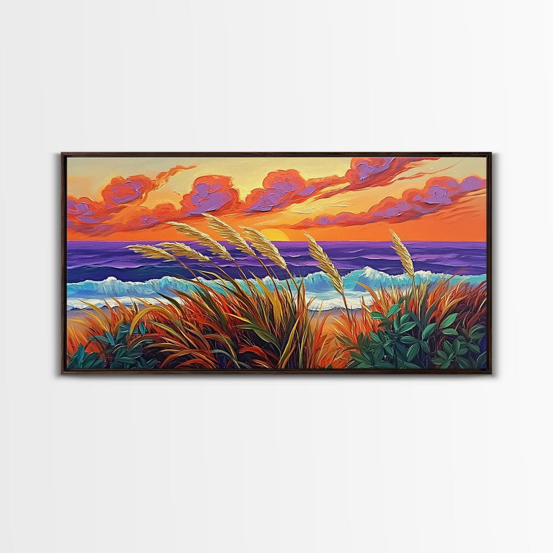 Ocean Sunset, Dunes, Seagrass, Canvas Print beach landscape wall decor, coastal art, vibrant sunset painting, tropical boho home decor