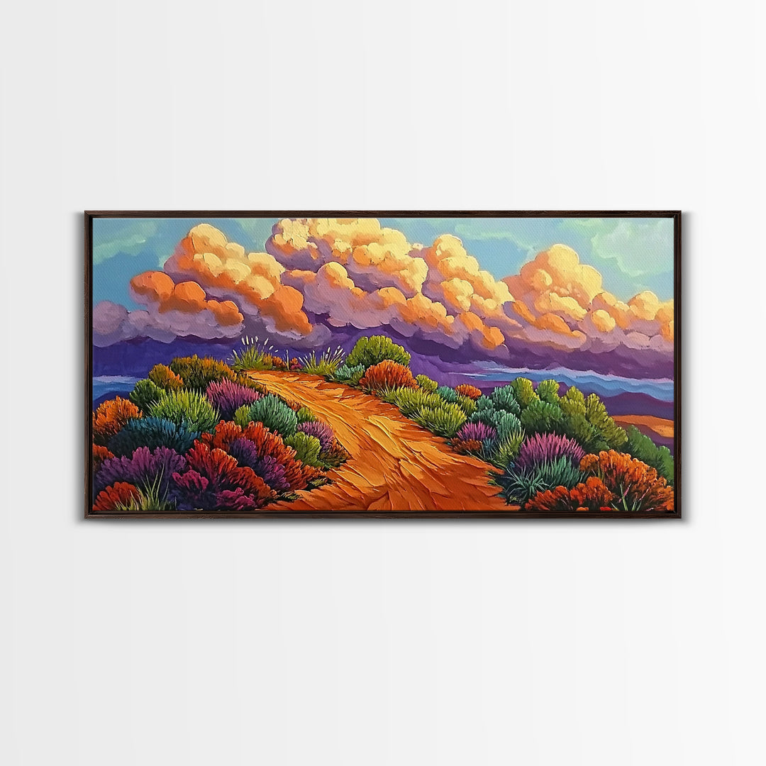 Autumn Trail, Clouds, Flowers, Canvas Print, fall mountain trail painting, landscape wall art, rustic cabin decor, hallway artwork