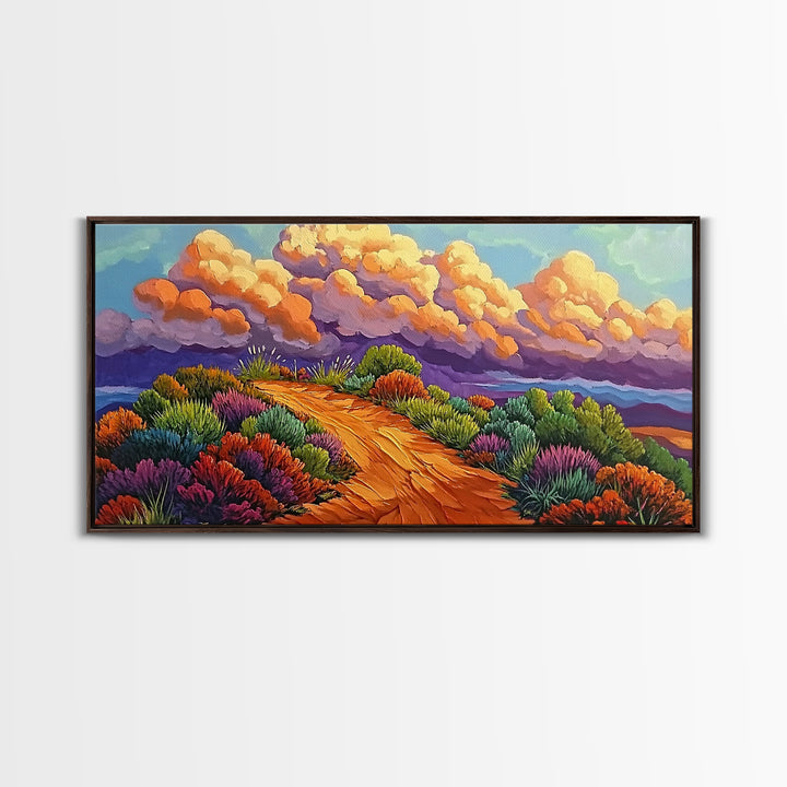 Autumn Trail, Clouds, Flowers, Canvas Print, fall mountain trail painting, landscape wall art, rustic cabin decor, hallway artwork
