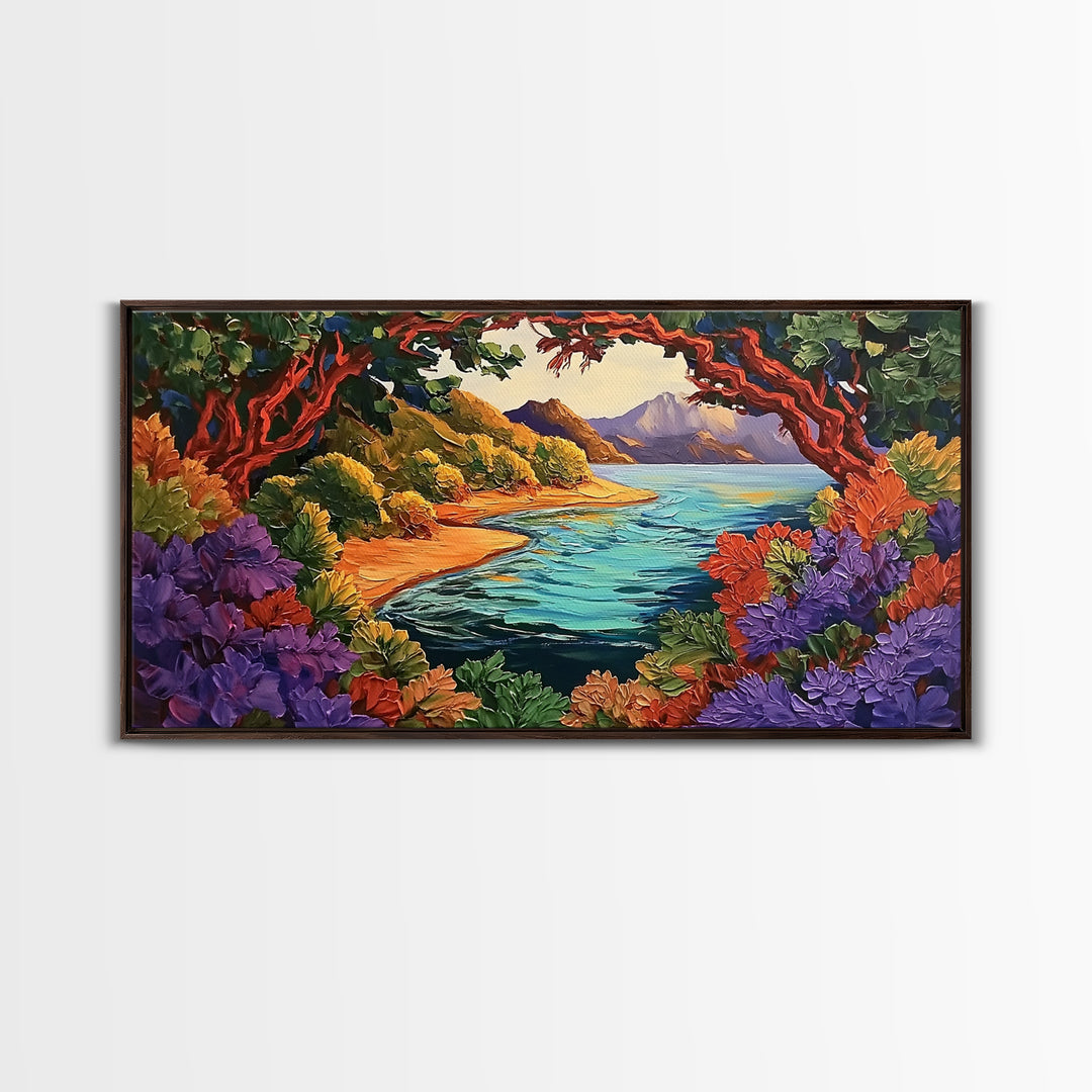 Colorful Coastal, Framed, Bright tropical coastal landscape view with water and foliage, Framed Canvas Print, living room wall art