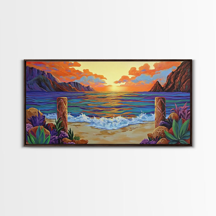 Sunset Beach, Waves, Colorful sunset beach seascape with waves and mountain view, Canvas Print, tropical coastal wall decor