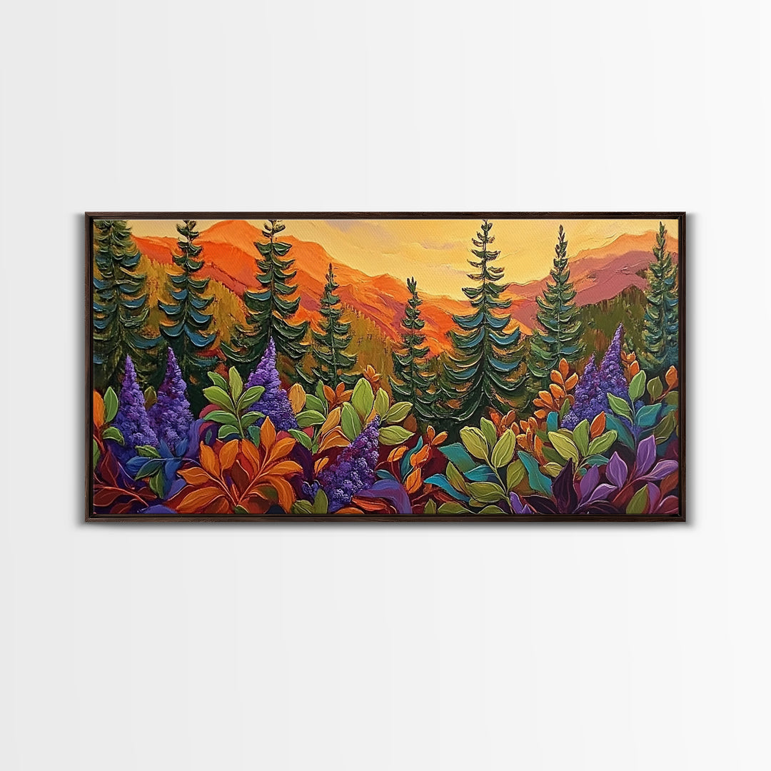 Fall Forest, Pines, Vibrant autumn forest painting with pine trees and colorful foliage, Canvas Print, Fall living room wall art