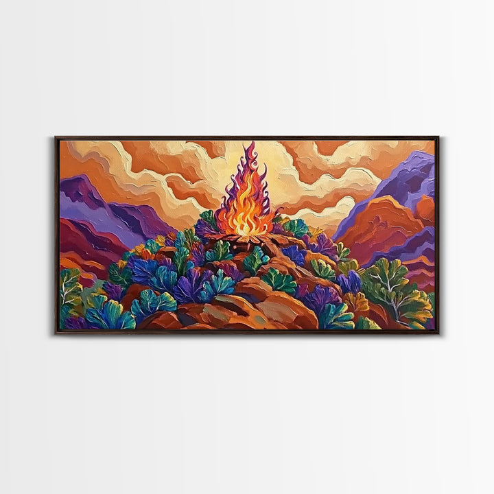 Campfire, Mountains, Glow, Vibrant campfire scene with colorful mountains and plants, Framed Canvas Print, rustic cabin wall art
