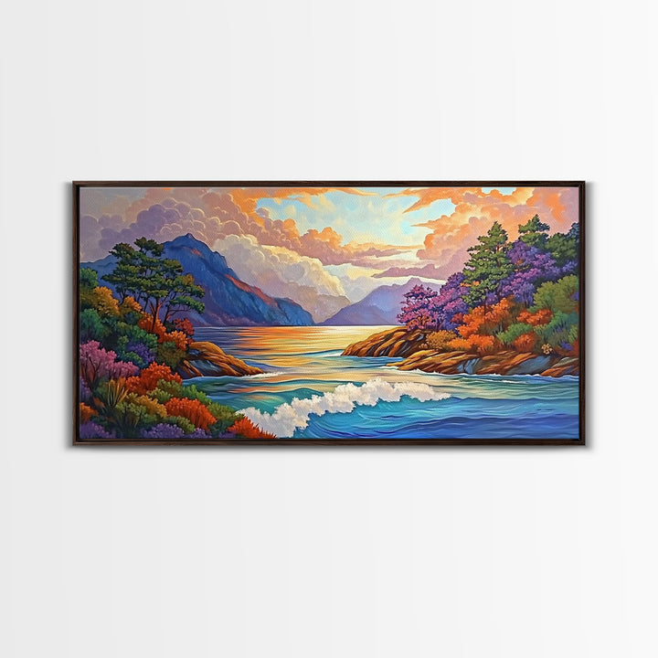 Ocean Sunset View, Vibrant Coastline, Mountain Landscape, Canvas Print, Living Room Wall Art, Colorful Seascape, Nature Painting