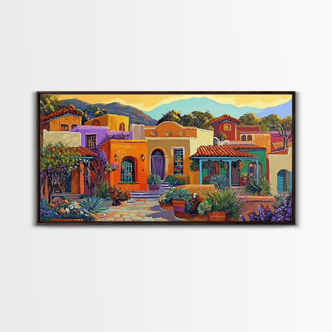 Colorful Adobe Homes, Desert Village Scene, Southwest Art Style, Canvas Print, Boho Wall Decor, Vibrant Courtyard Painting