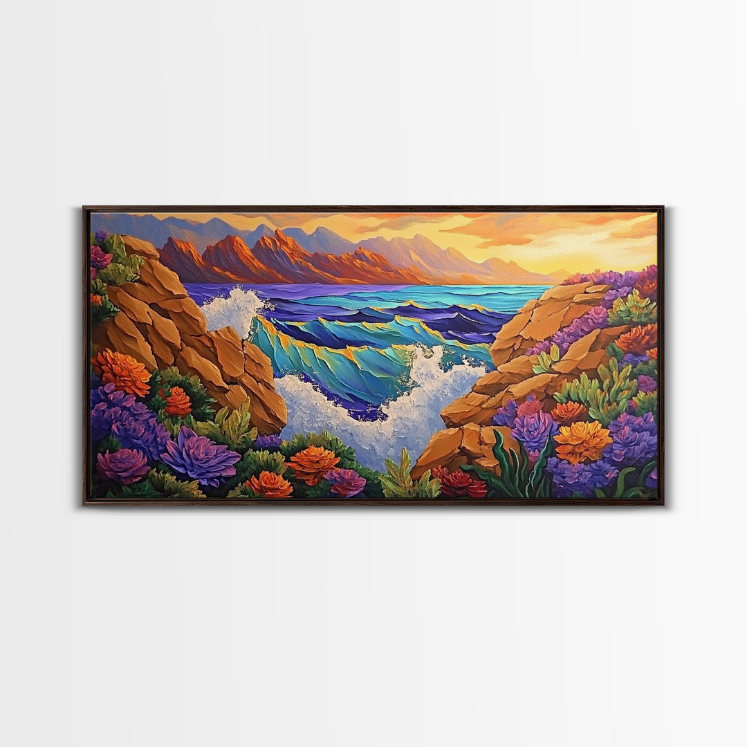Ocean Cliff View, Crashing Waves Sunset, Bold Coastal Art, Framed Canvas Print, Nature Inspired Decor, Vibrant Seascape Painting