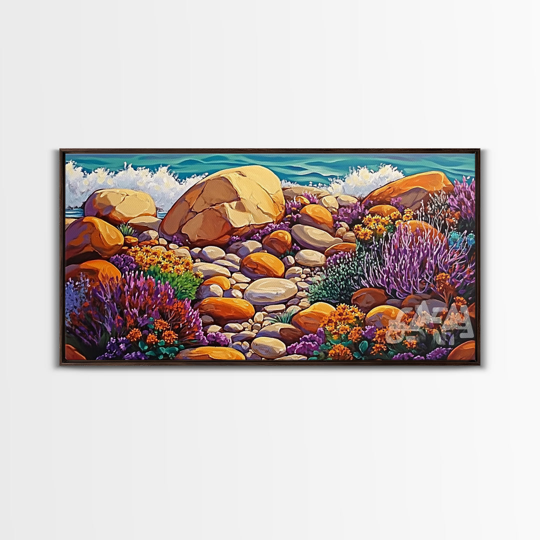 Coastal Garden, Rocks, Framed Canvas Print, Seaside nature landscape wall decor, Kitchen Wall Art, coastal art, vibrant summer vibe